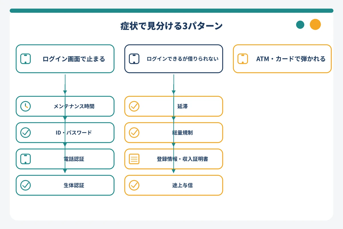 プロミスにログインできない・使えない原因を症状別に3パターンで見分けるフローチャート